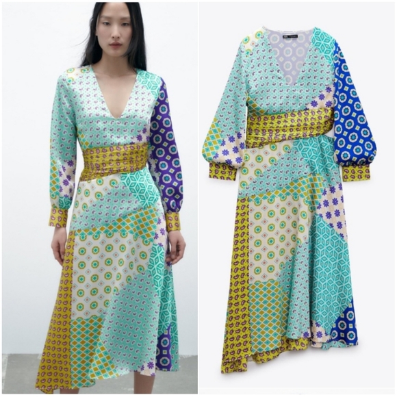 Zara Kleid Patchwork Print Midi Dress - Picture 1 of 4
